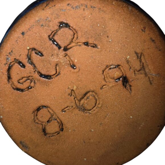 Signed Vintage 1994 Large Handmade Blue & Brown Glazed Ribbed Coffee Cup Mug - Picture 6 of 6